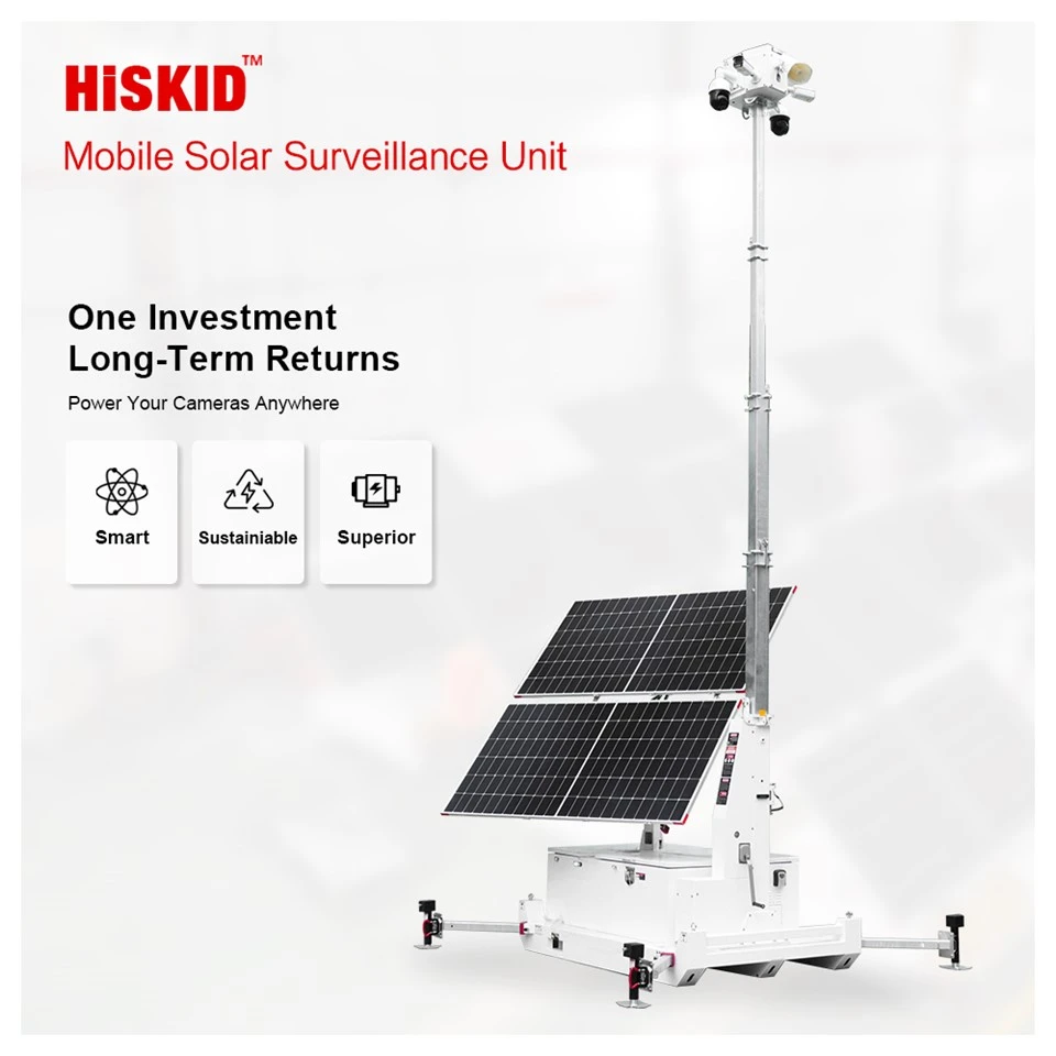 Torre CCTV Solar HiSKID Remolque de cámara de seguridad Solar portátil HiSKID con torre CCTV inalámbrica para monitoreo en el lugar de trabajo